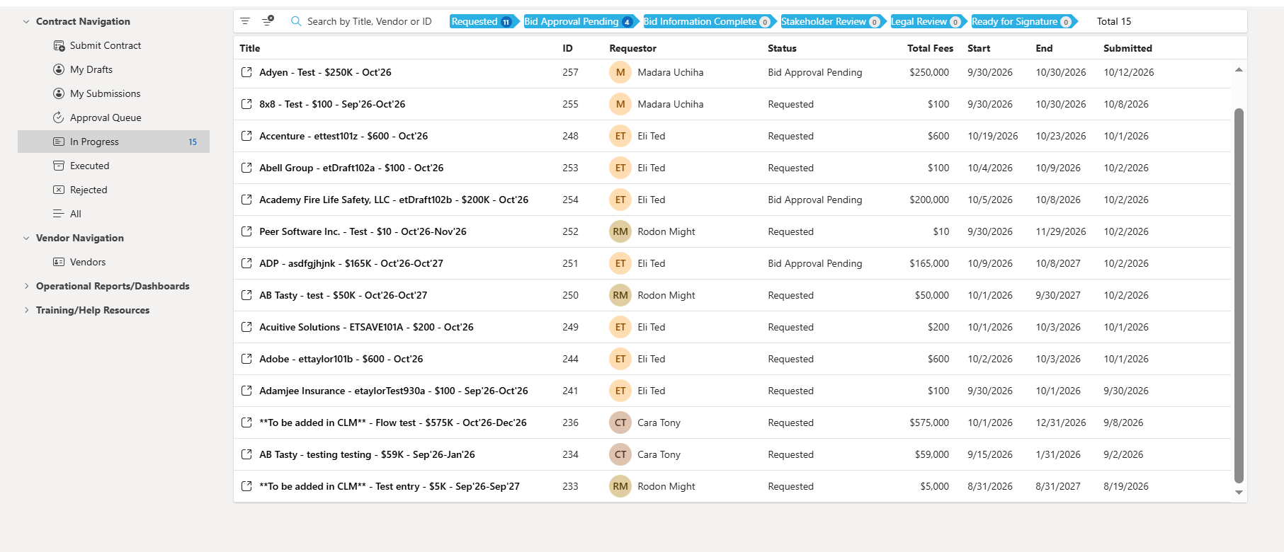 Contract management dashboard with list of in-progress contracts and approval statuses