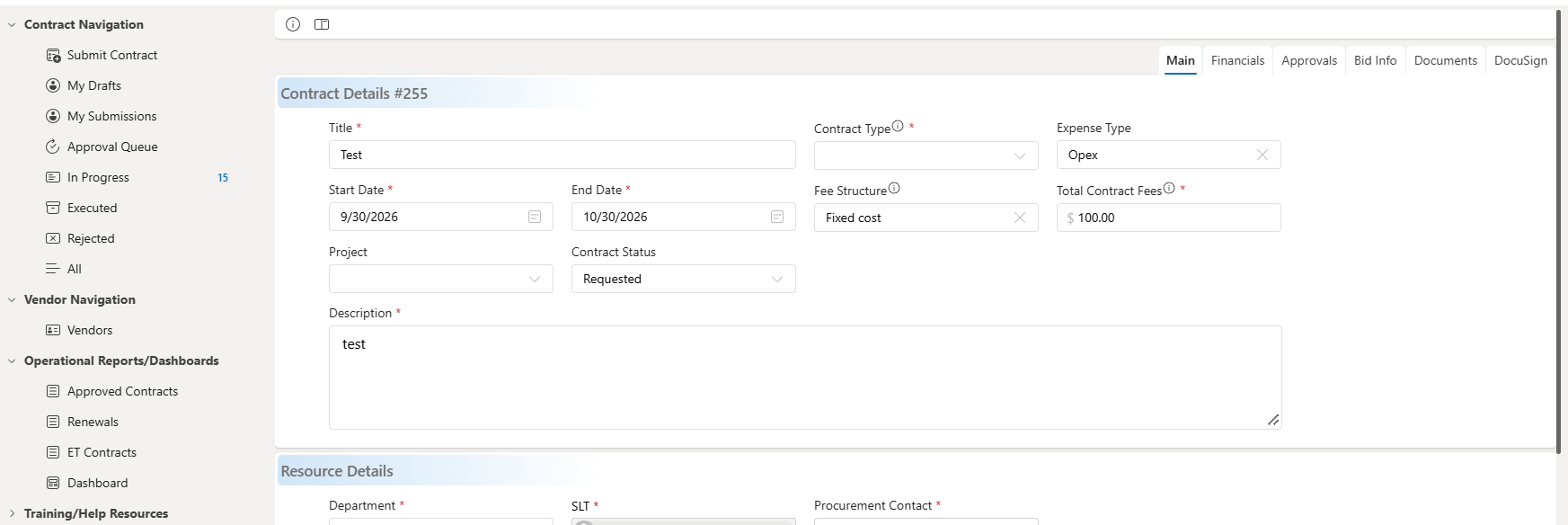 Contract details form with financials, approvals, documents, and DocuSign tabs