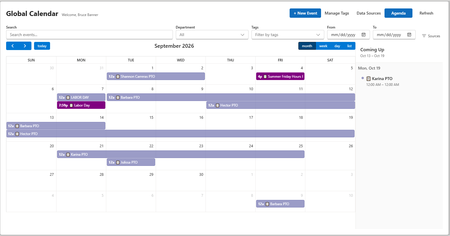 Global calendar interface showing September 2026 events, filters, agenda, and source controls